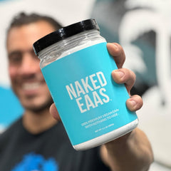 NAKED Strawberry Lemonade EAAs gym setup with shaker shows usage context