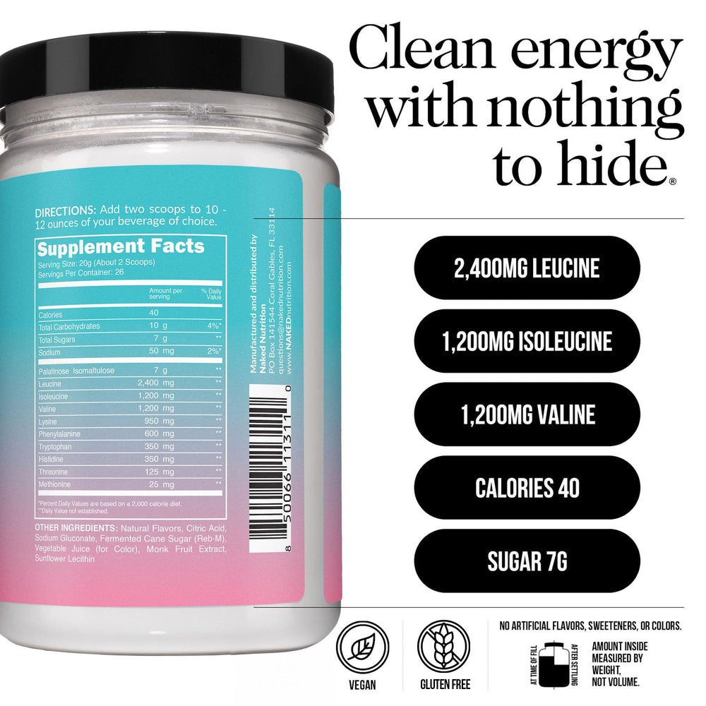 NAKED Strawberry Lemonade EAAs serving scoop demonstrates convenient pre or post-workout use