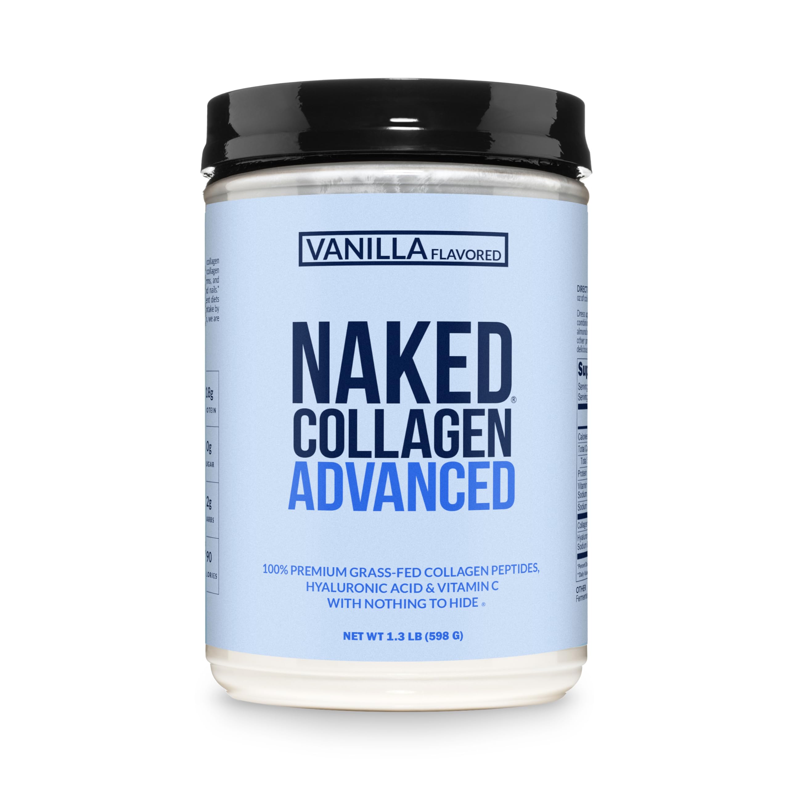 NAKED Vanilla Collagen Advanced bottle shows a pure formula for daily wellness
