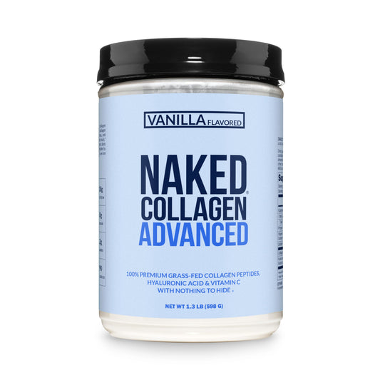 NAKED Vanilla Collagen Advanced bottle shows a pure formula for daily wellness