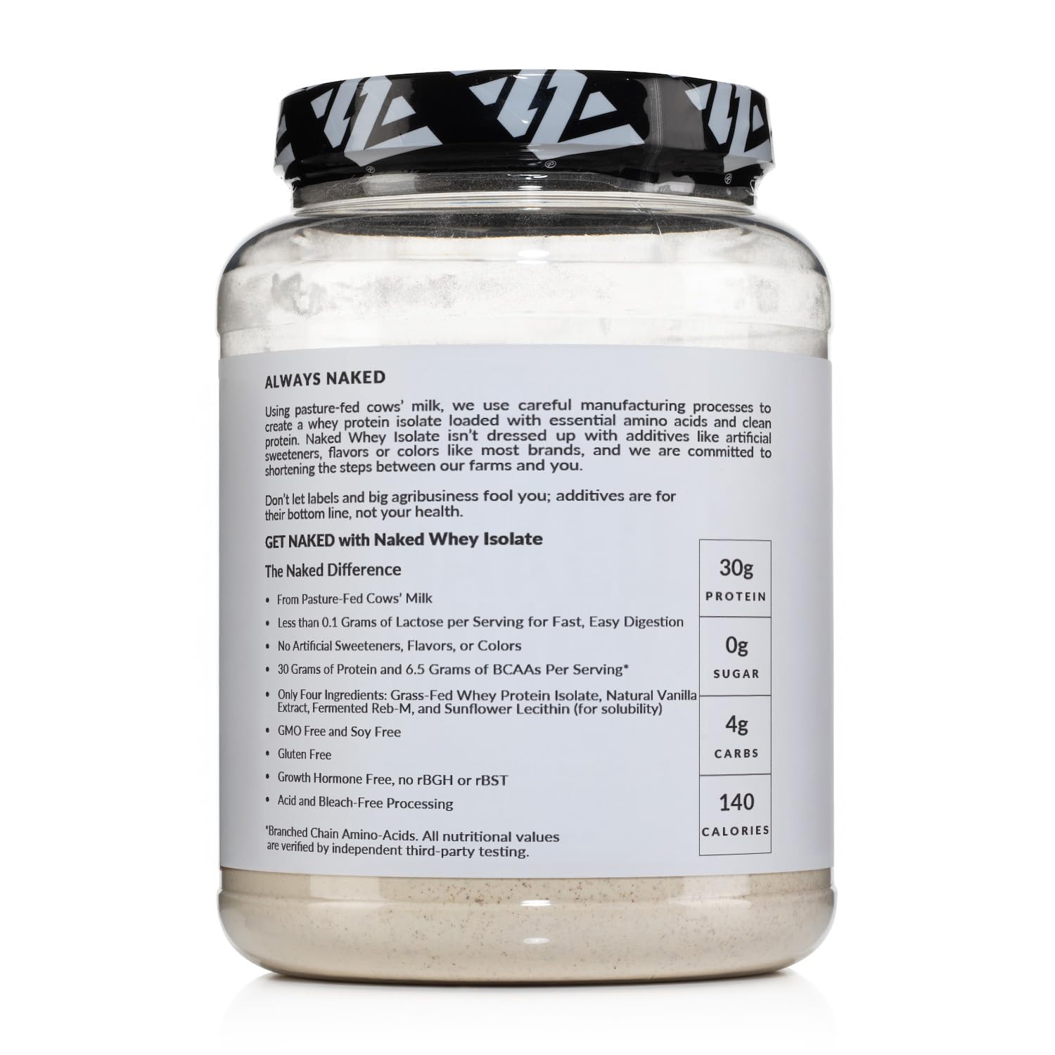 NAKED Vanilla Whey Isolate BCAAs badge emphasizes amino-rich profile