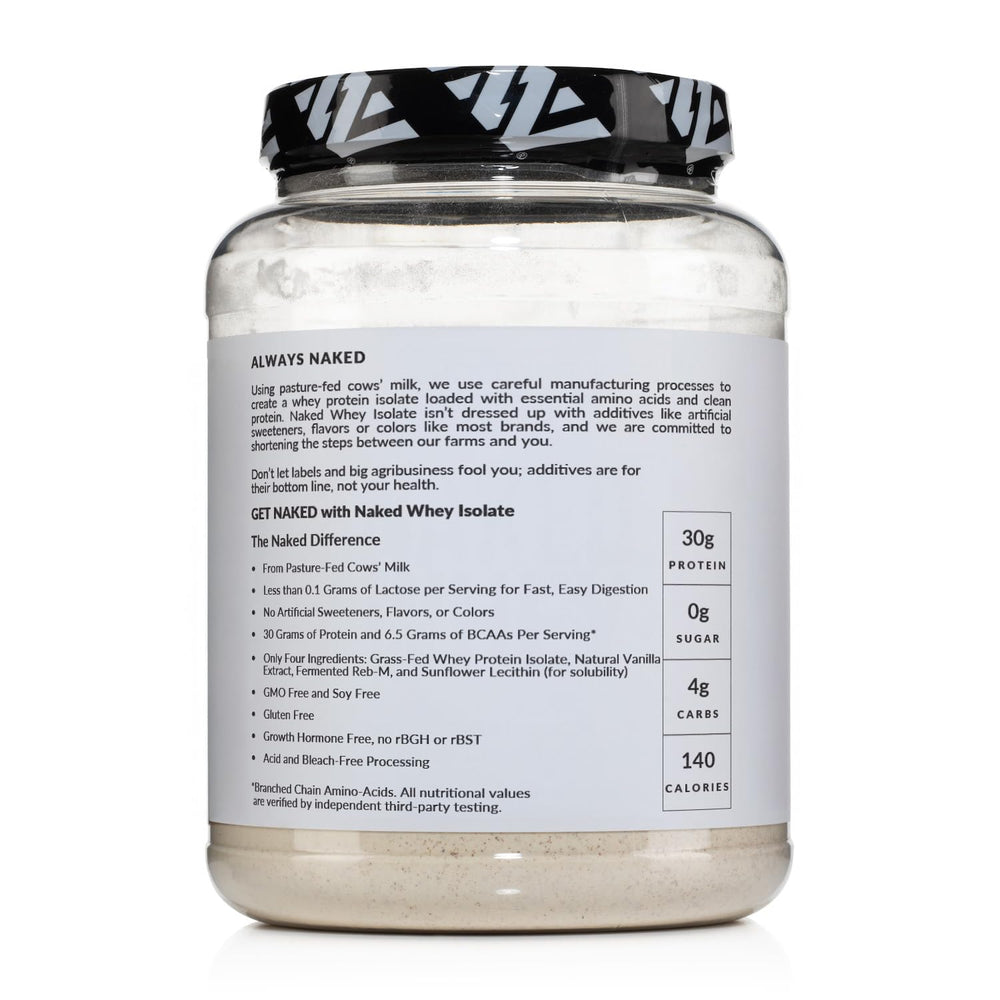 NAKED Vanilla Whey Isolate BCAAs badge emphasizes amino-rich profile