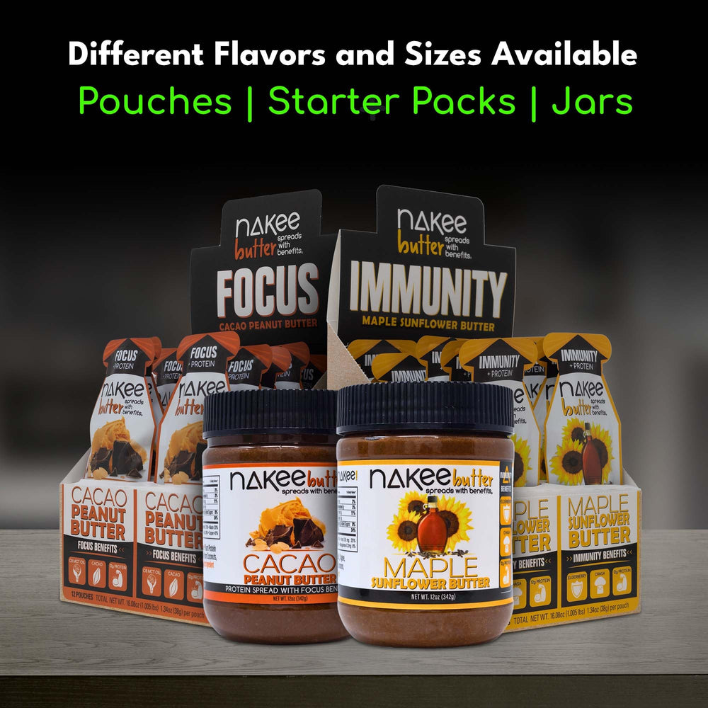 Nakee Butter Focus cacao peanut butter, ideal travel snack for adventures.