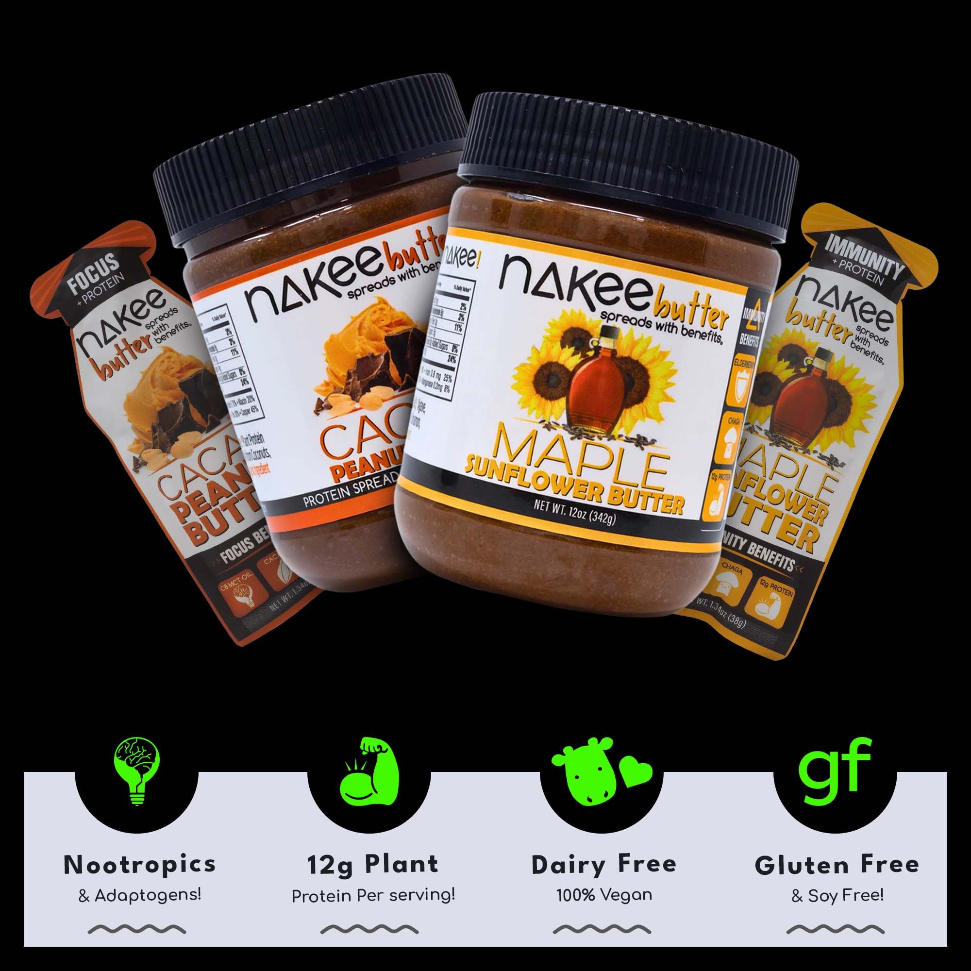 Close-up of Nakee Butter Focus cacao peanut butter jar shows 12g protein.