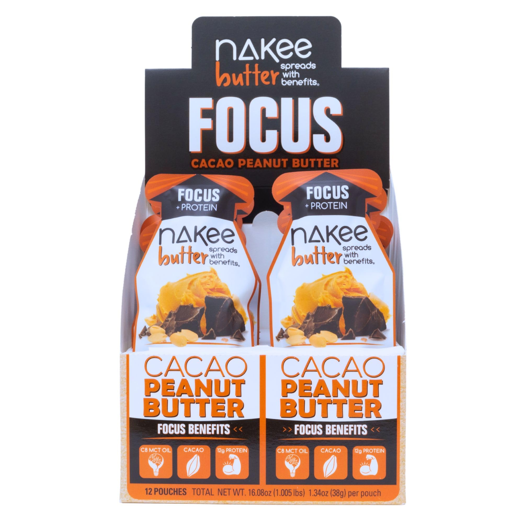 Nakee Butter Focus cacao peanut butter pack—12-pack for on-the-go snacking.