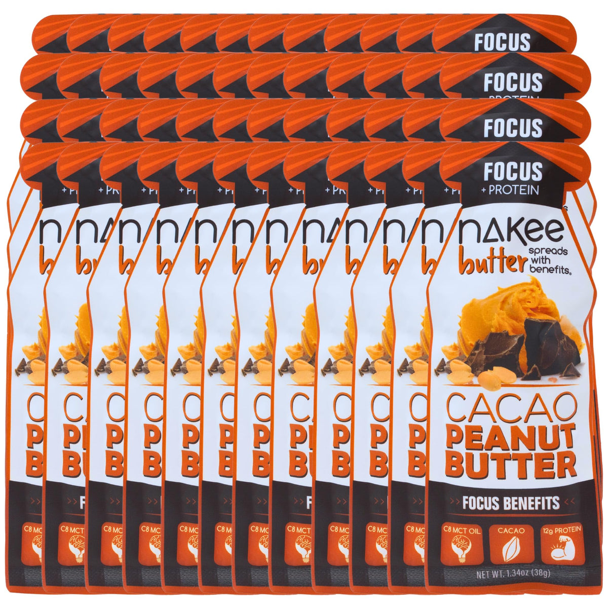 Nakee Butter Focus packaging highlights gluten-free, protein-rich cacao peanut butter.