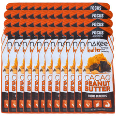 Nakee Butter Focus packaging highlights gluten-free, protein-rich cacao peanut butter.