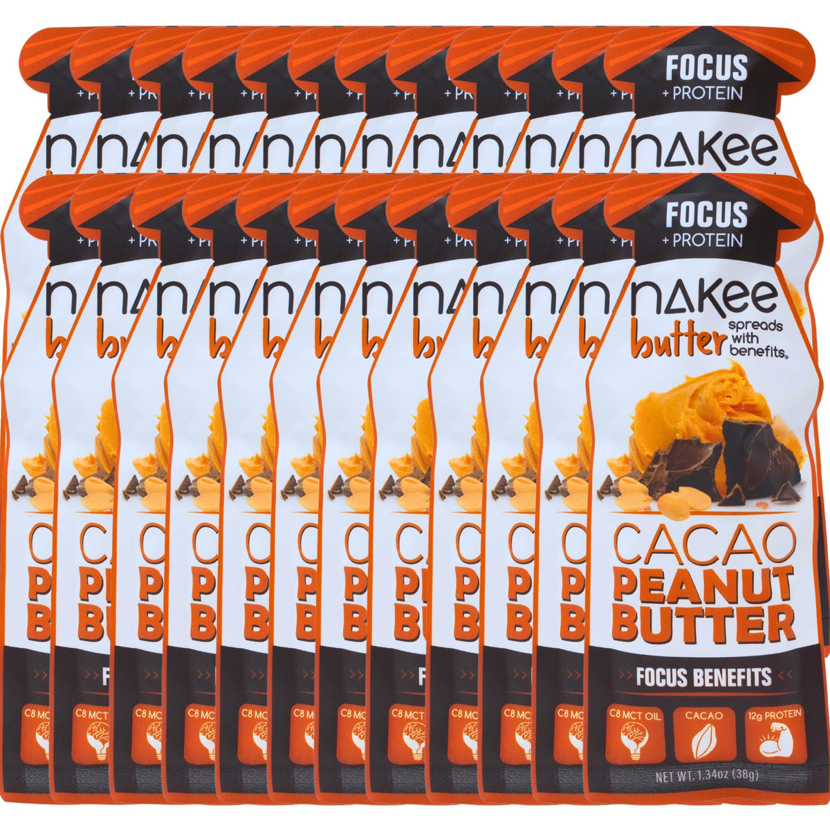 Nakee Butter Focus cacao peanut butter pouch, smooth texture for on-the-go energy during winter adventures.