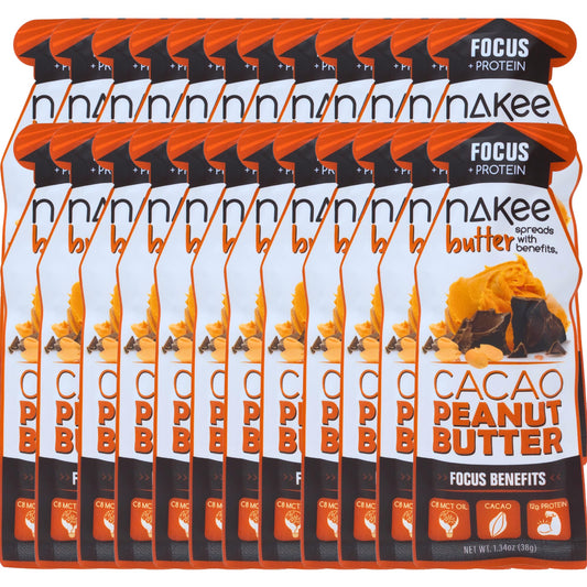 Nakee Butter Focus cacao peanut butter pouch, smooth texture for on-the-go energy during winter adventures.