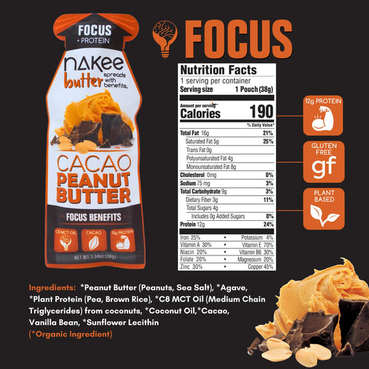 Spoonful of Nakee Butter Focus cacao peanut butter reveals creamy texture.