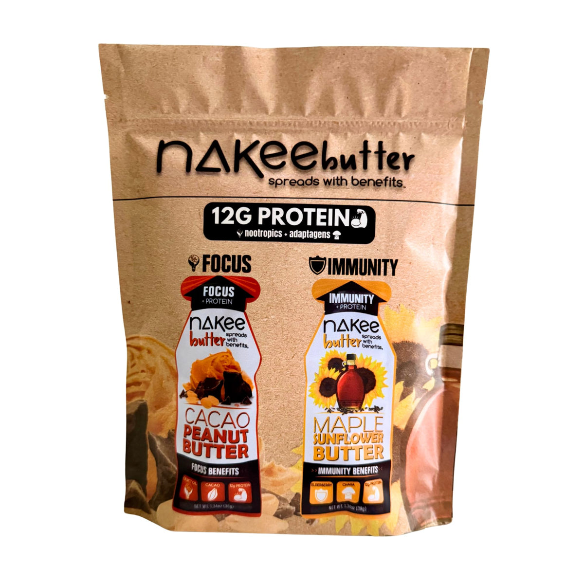 Nakee Butter Variety Pack 12-pack featuring gluten-free, protein-packed spreads for on-the-go snacking.