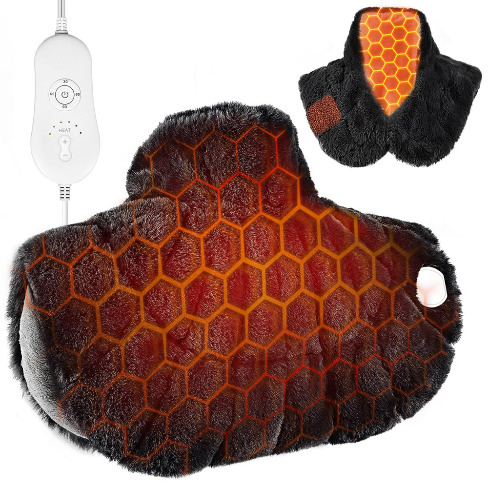 Nalax heating pad on neck and shoulders with six heat settings for customizable comfort.