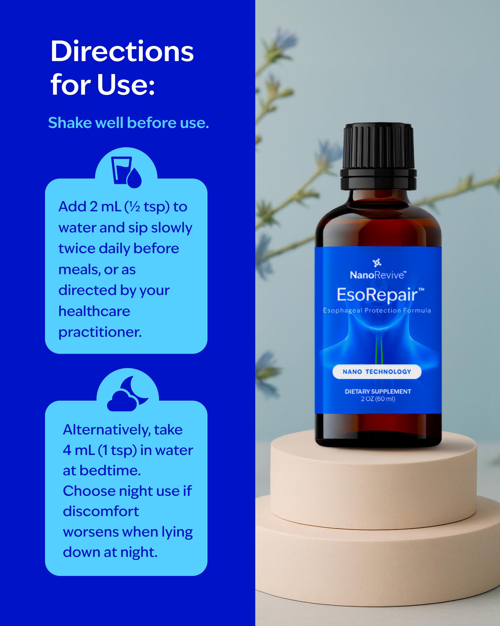 NANOREVIVE EsoRepair dosing guide suggesting pre-meal use for daily balance