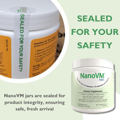 NanoVM nutrition panel highlights 13 vitamins and 13 minerals.