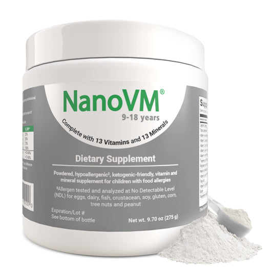 NanoVM bottle pour for easy, allergen-free dosing.