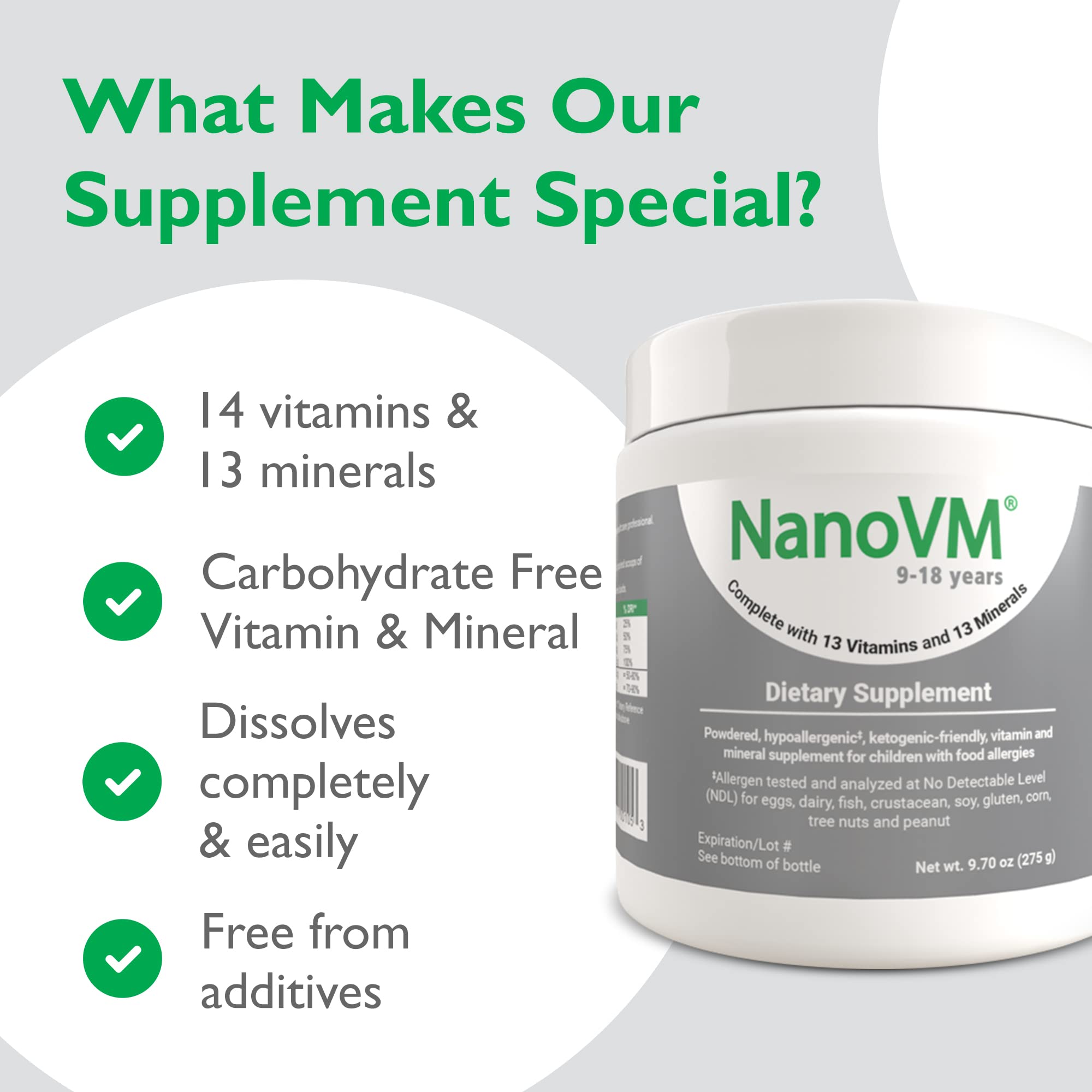 NanoVM nutrition label highlights vitamins and minerals.