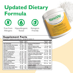 NanoVM Senior 71+ bottle back label lists 14 vitamins and 13 minerals clearly.