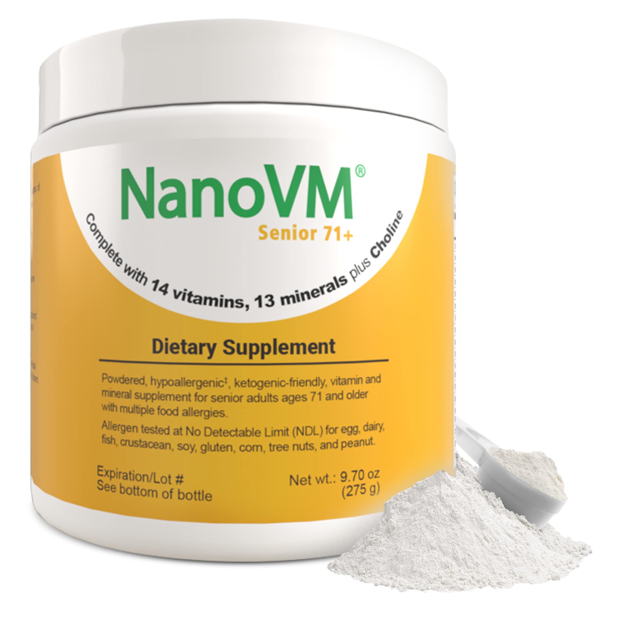 NanoVM Senior 71+ bottle front, allergen-free multivitamin for seniors.