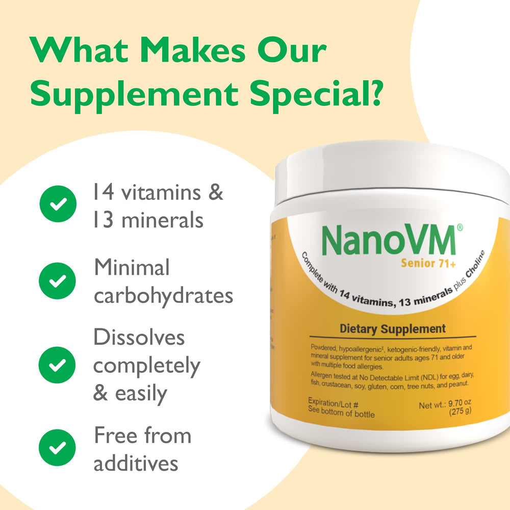 Easy to stir NanoVM Senior 71+ into morning yogurt or soups.