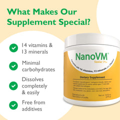Easy to stir NanoVM Senior 71+ into morning yogurt or soups.