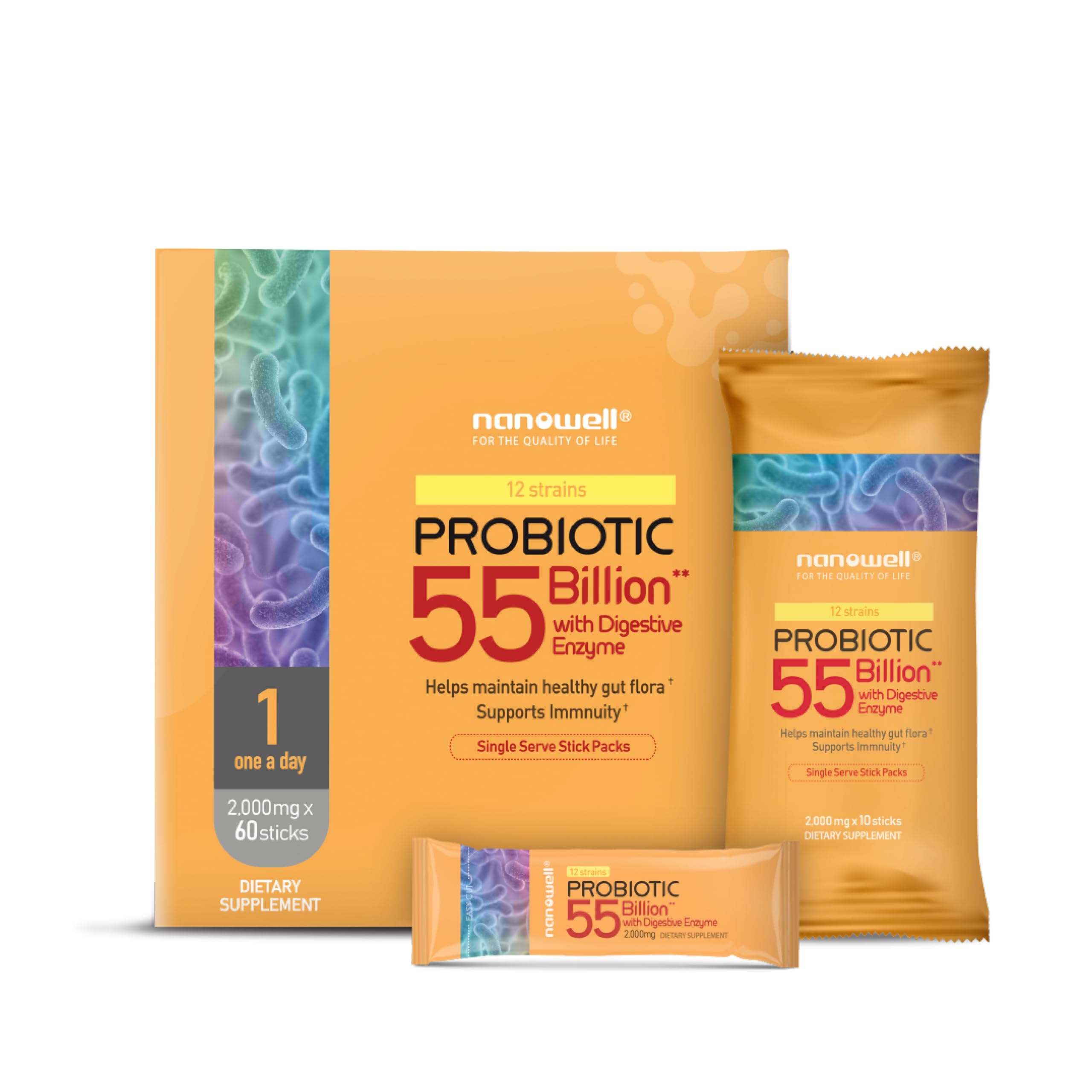 NANOWELL 12 Strains probiotic bottle promotes daily gut balance.
