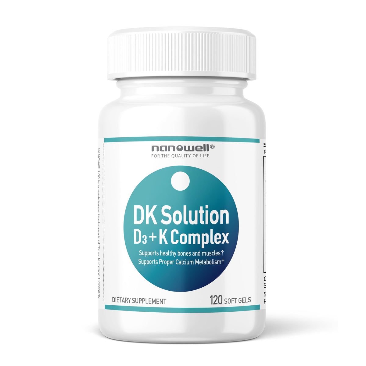 NANOWELL DK Solution bottle front highlighting D3 + K2 bone support.