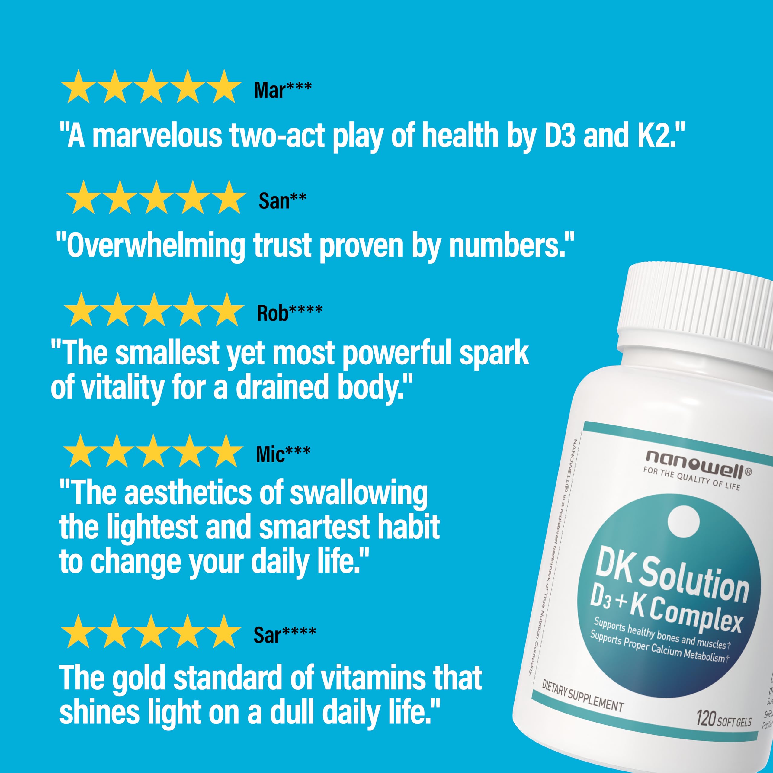 NANOWELL DK Solution softgels bottle back with nutrition facts for immune support