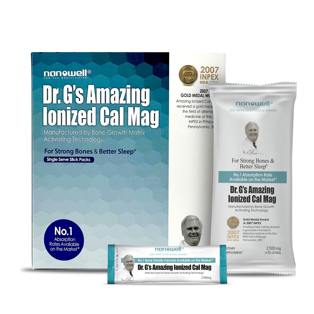 Nanowell Dr. G ionized Cal Mag powder box with sticks for convenient daily supplementation.