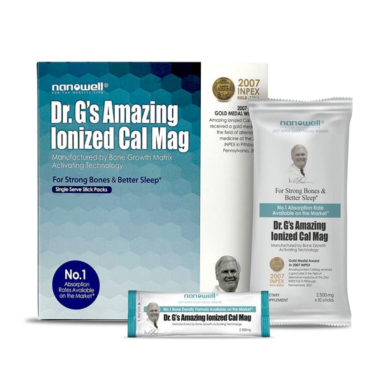 Nanowell Dr. G ionized Cal Mag powder box with sticks for convenient daily supplementation.