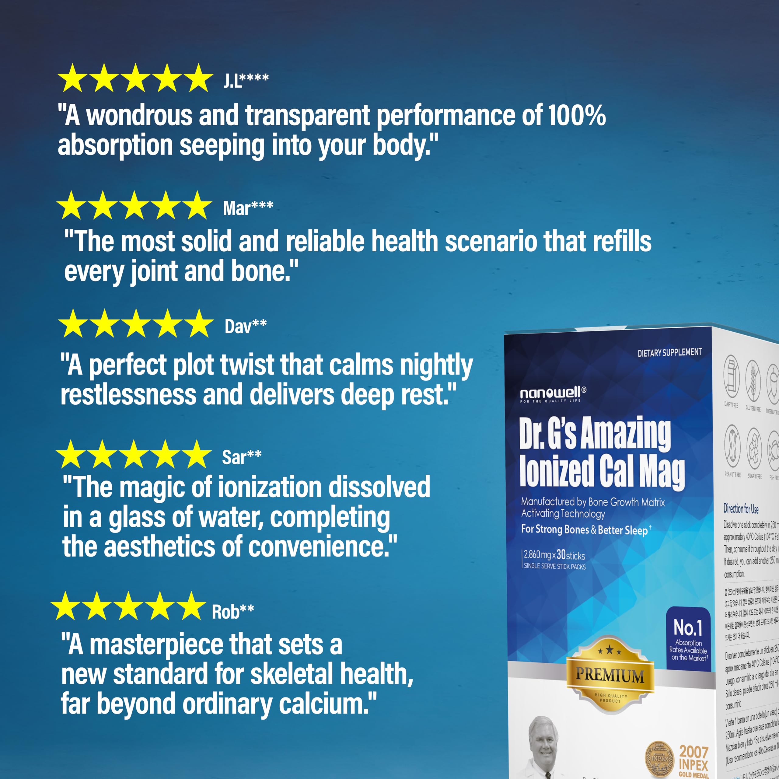 Nanowell Dr. G's ionized Cal Mag stick-pack front view supports easy daily dosing.