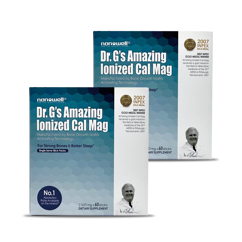 NANOWELL Dr G's ionized CalMag box for daily supplementation, with potential bone support.
