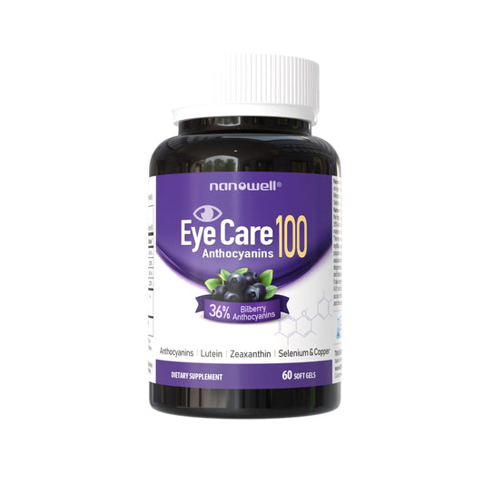 NANOWELL EyeCare Anthocyanins 100 softgels bottle for daily eye health support.