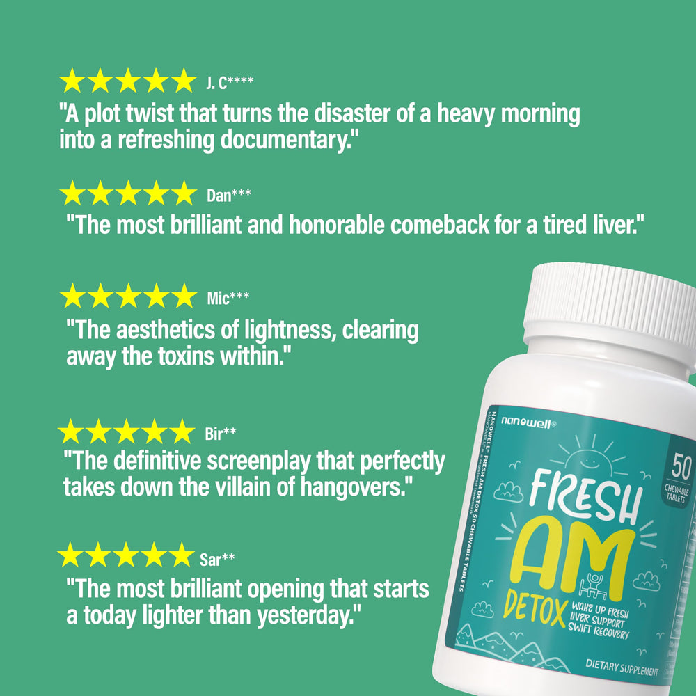 NANOWELL Fresh AM Detox chewable tablets closeup highlighting convenient pomegranate flavor.