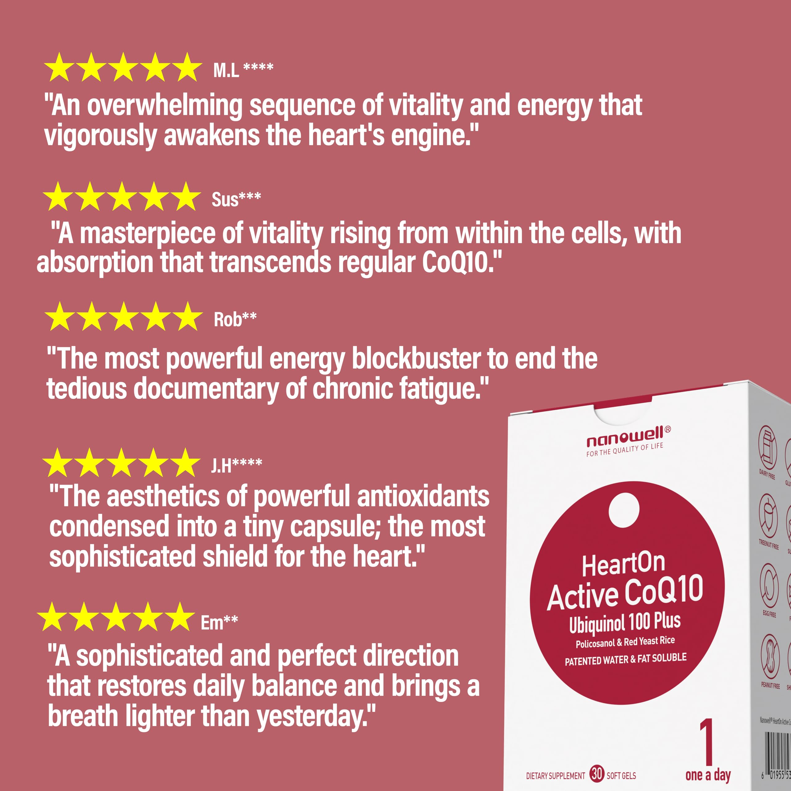NANOWELL HeartOn Active CoQ10 bottle with capsules for daily supplementation