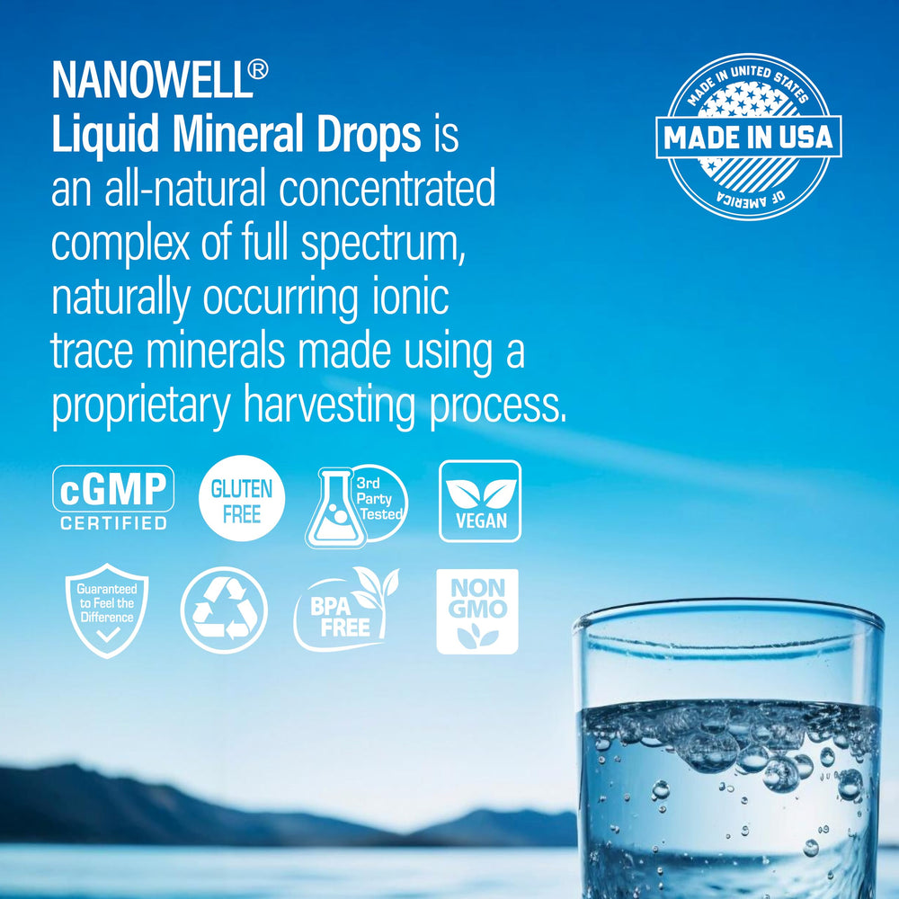NANOWELL Liquid Mineral Drops packaging highlights purity and low sodium