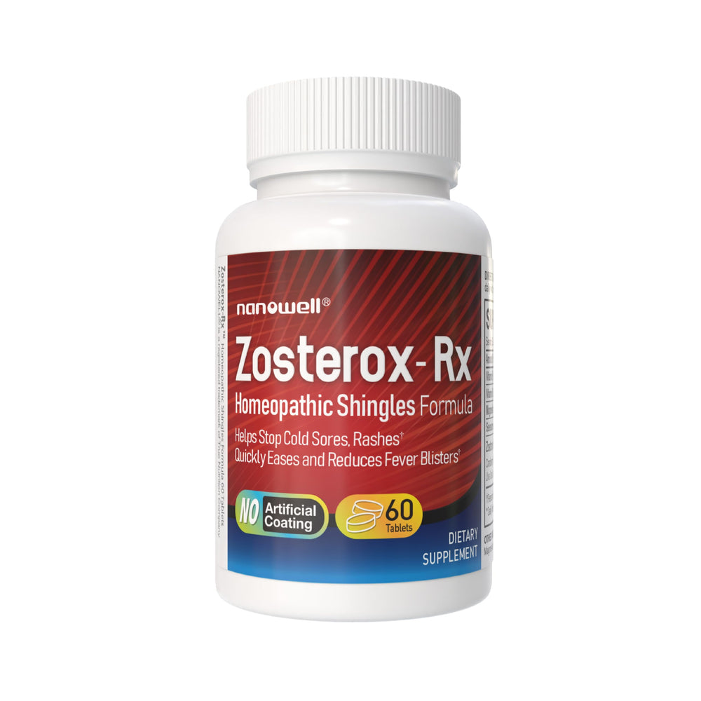 NANOWELL Zosterox-Rx bottle front with clear label for quick cold sore support.