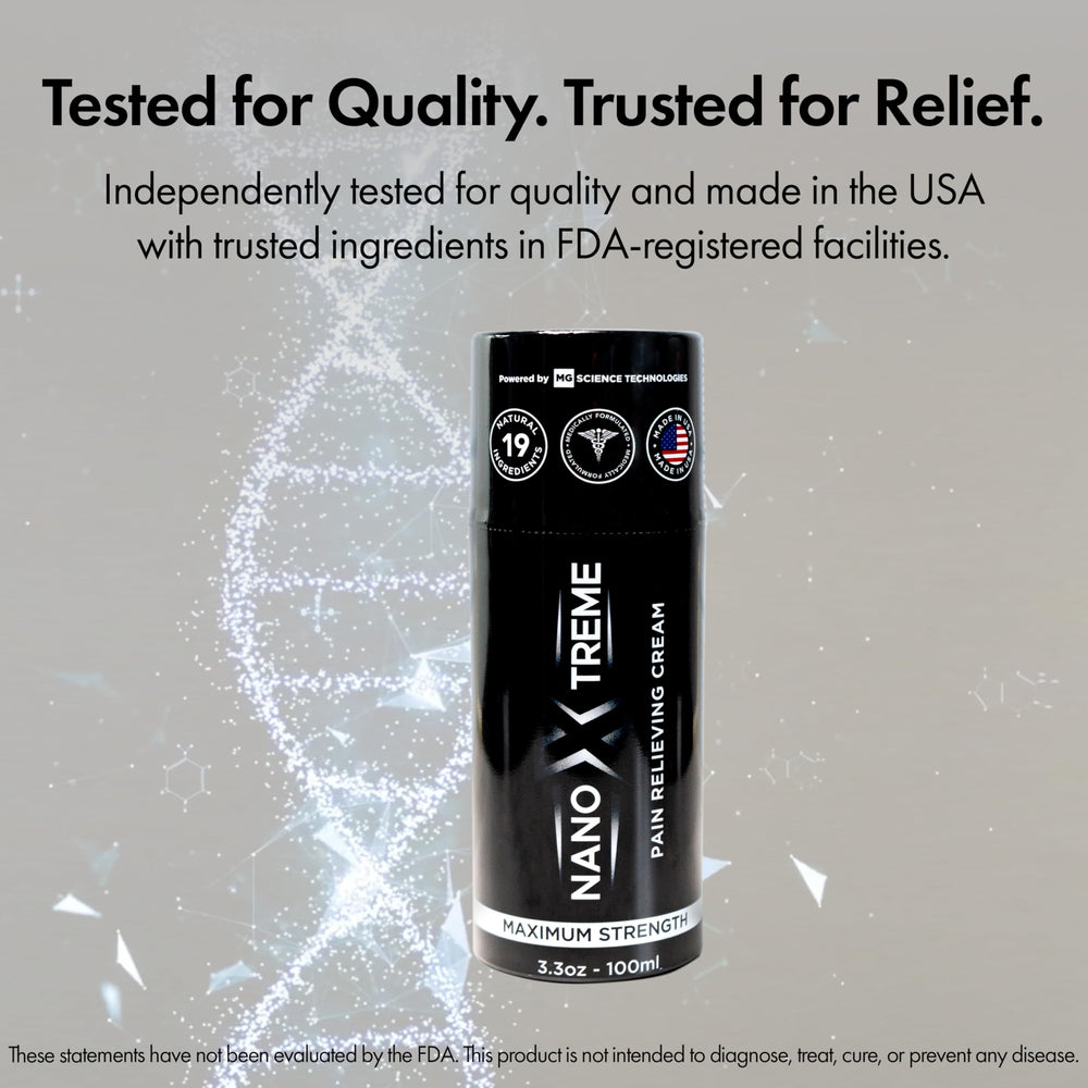 NANOXTREME Pain Relief Cream brand-labelled bottle in a gym bag for knee or shoulder relief