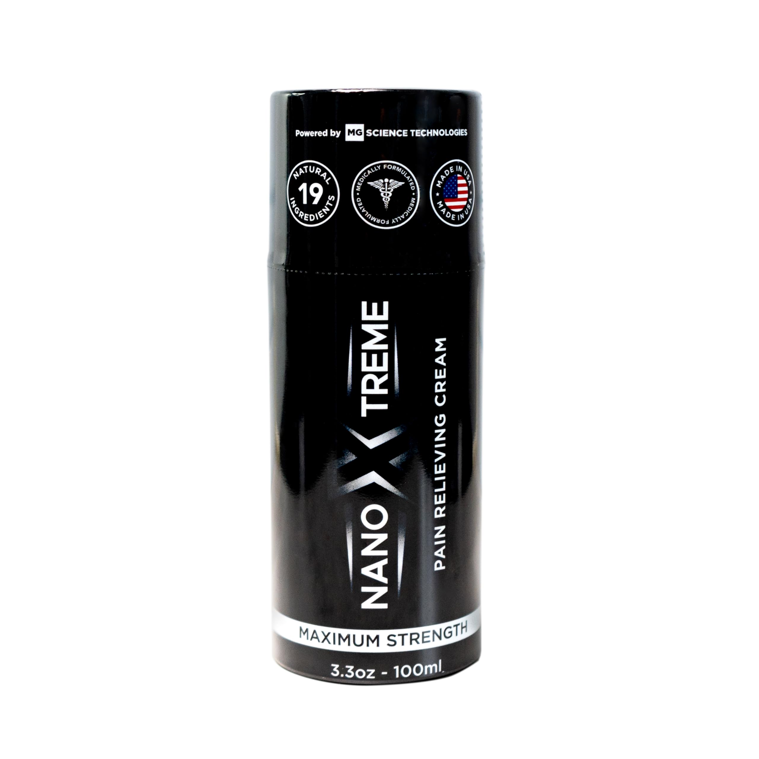 NANOXTREME Pain Relief Cream pump-front demonstrates fast-absorbing relief for everyday muscle and joint discomfort