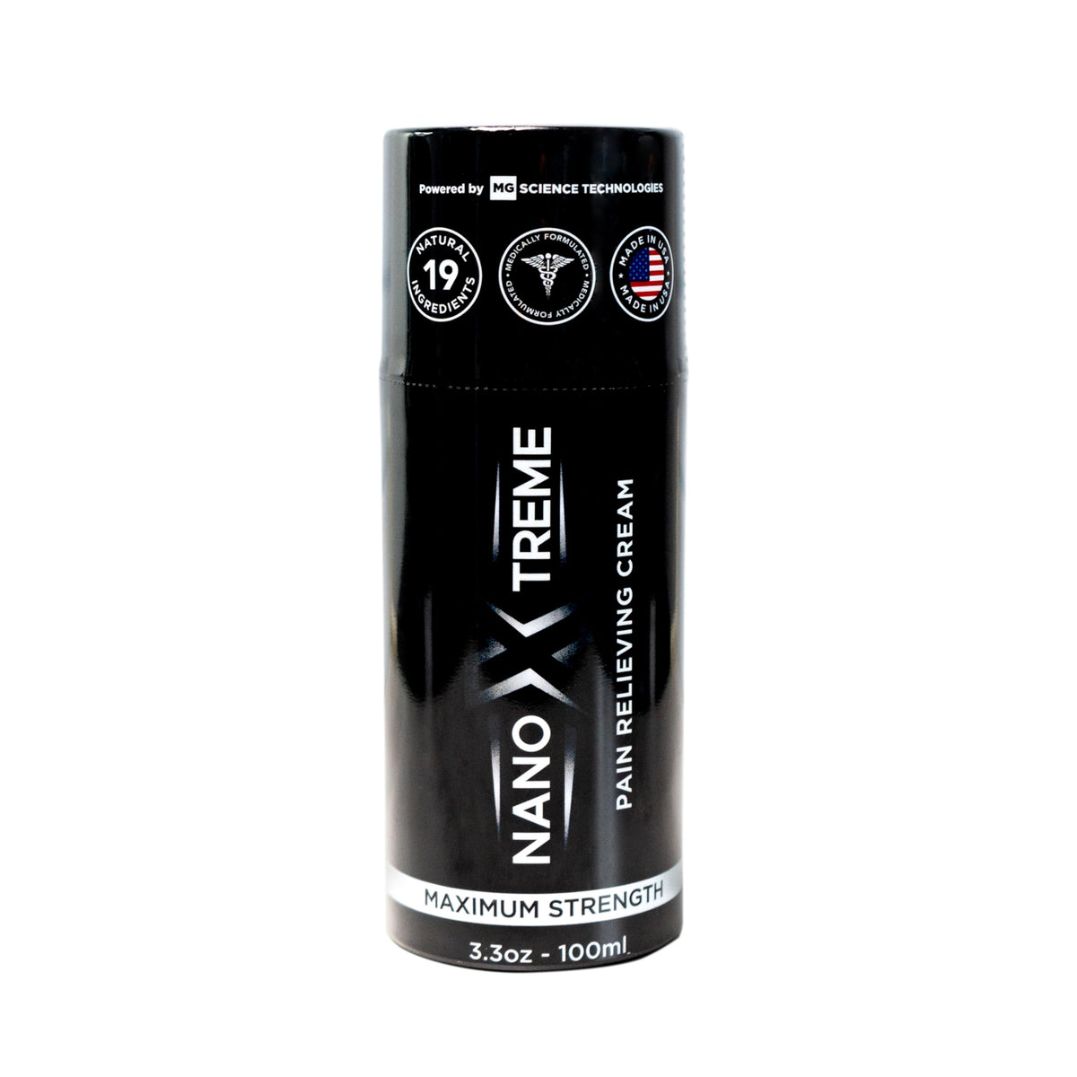 NANOXTREME Pain Relief Cream pump-front demonstrates fast-absorbing relief for everyday muscle and joint discomfort