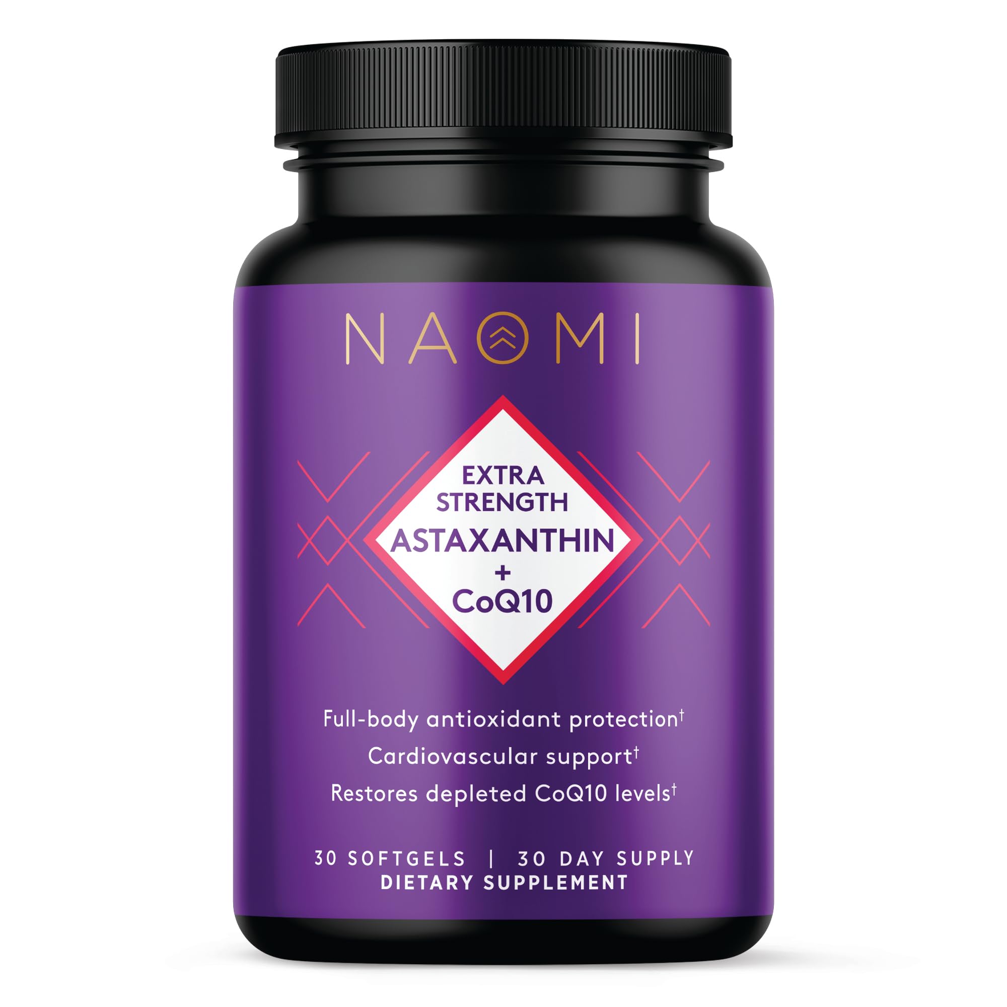 NAOMI Extra Strength astaxanthin + CoQ10 bottle front, signaling antioxidant-rich daily energy support.