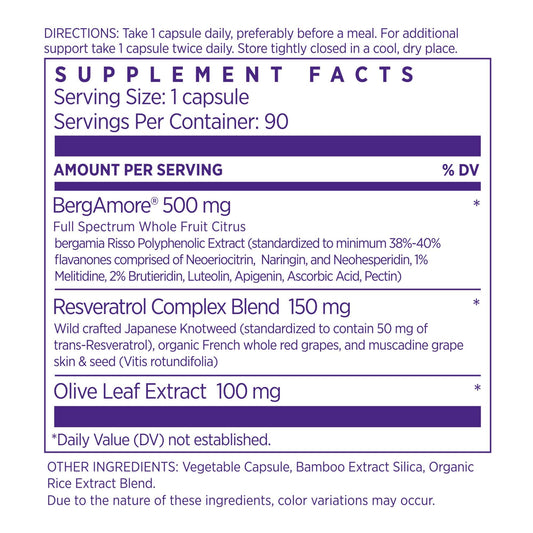 NAOMI Resveratrol Olive Leaf label showing polyphenol blend and potential wellness appeal.