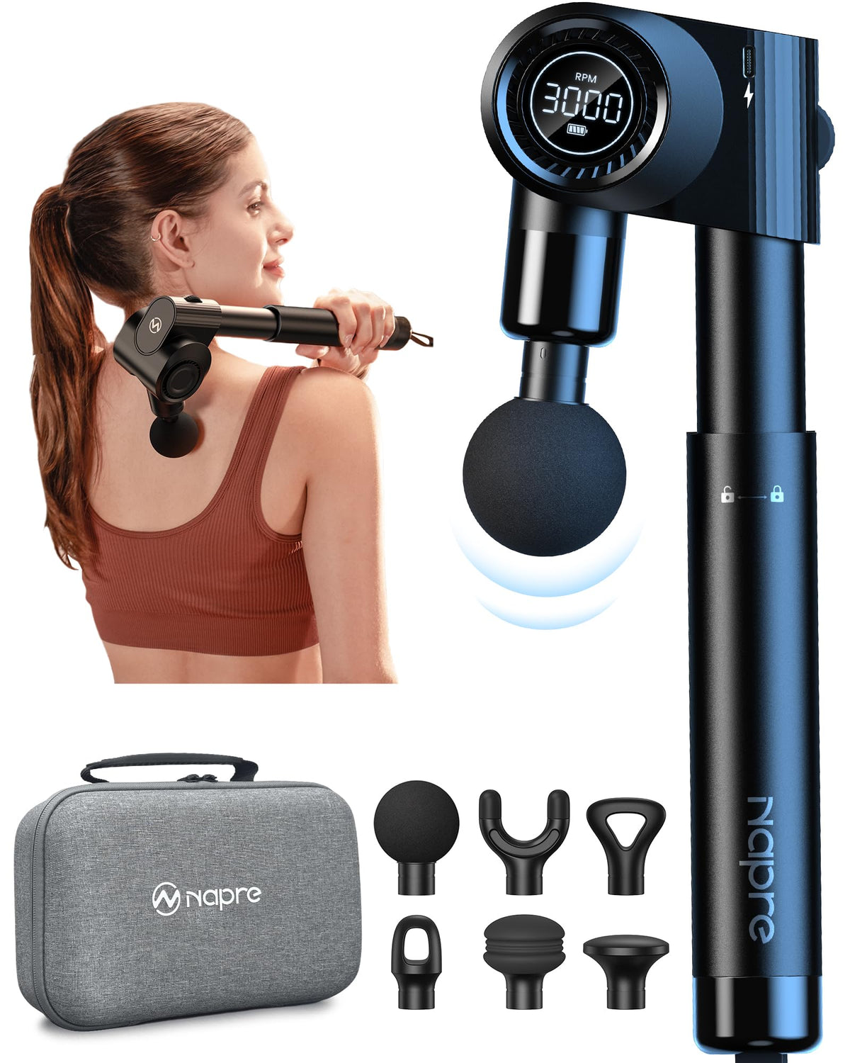 NAPRE Foldable Massage Gun with adjustable angle for precise back and shoulder relief.