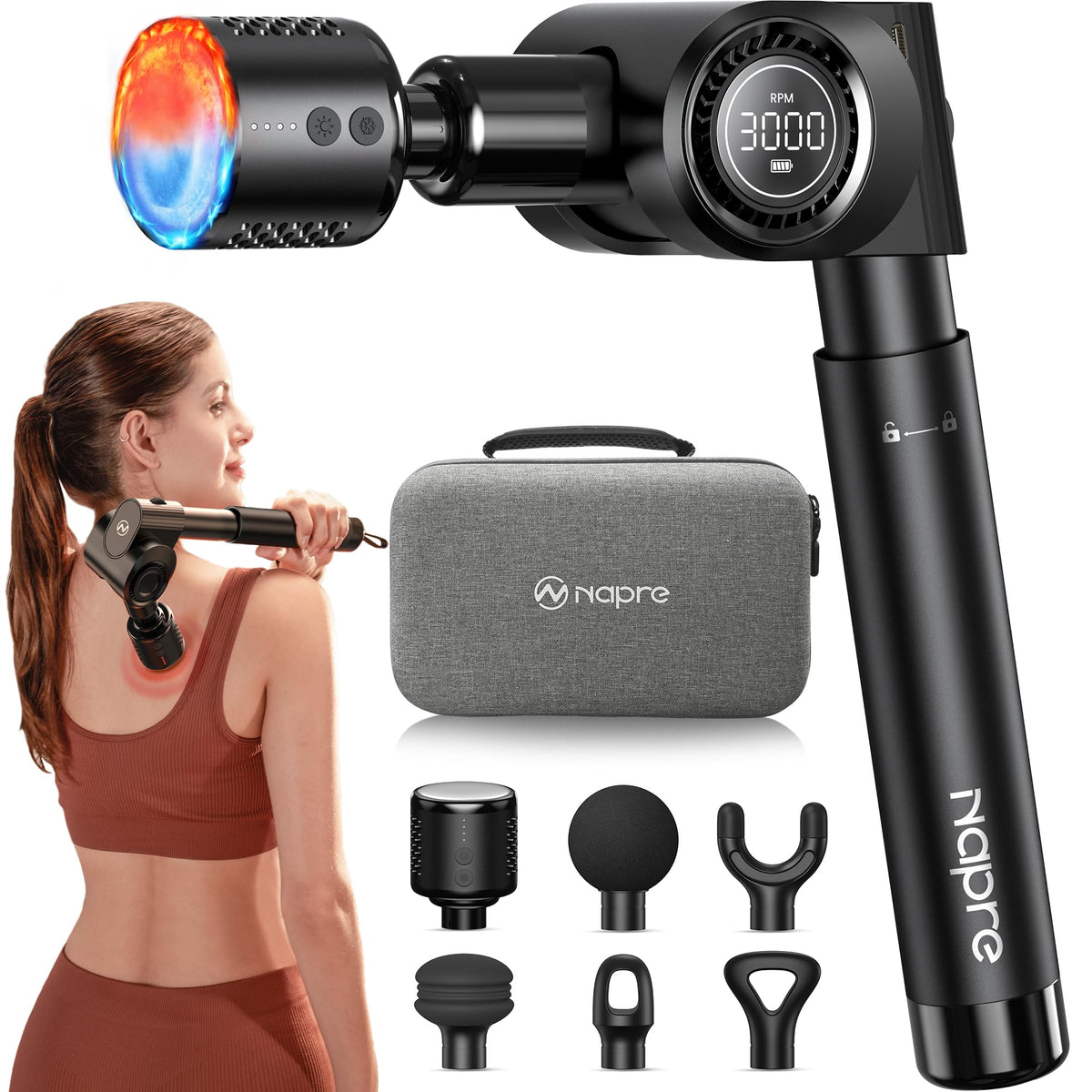 NAPRE massage gun with heat and cold head delivering targeted relief