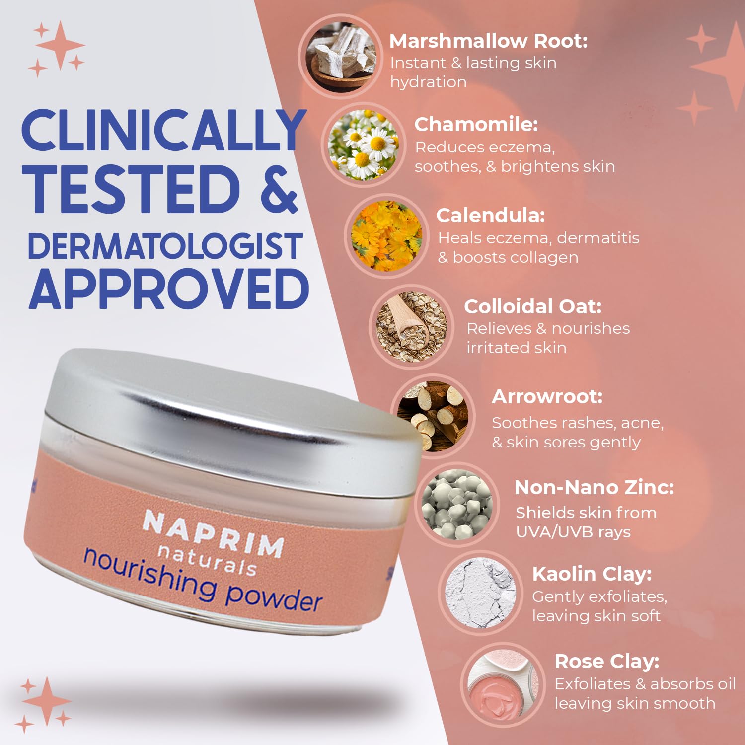 Naprim Naturals Nourishing Powder applied with kabuki brush demonstrates easy use on moist skin.