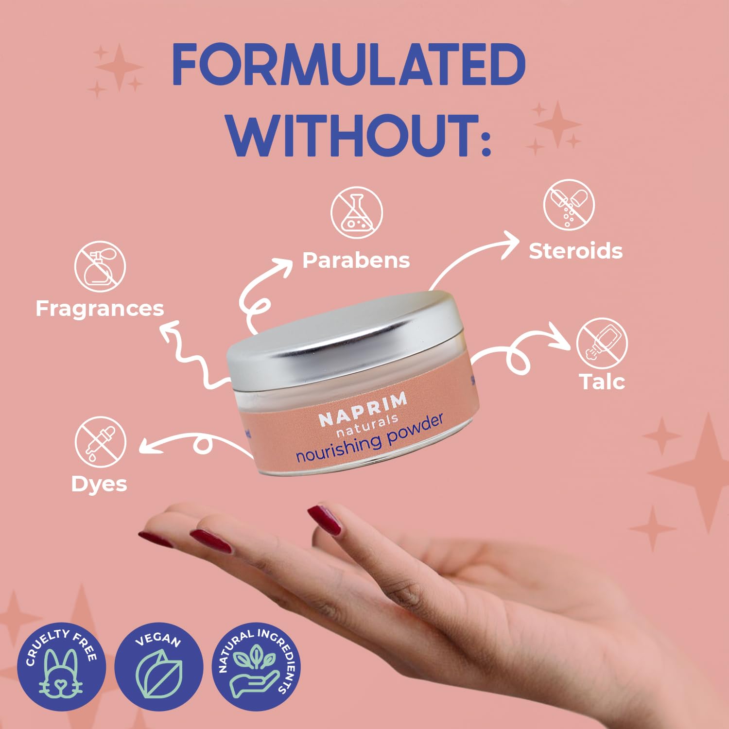 Naprim Naturals Nourishing Powder ingredients illustration features colloidal oatmeal and chamomile for gentle care.