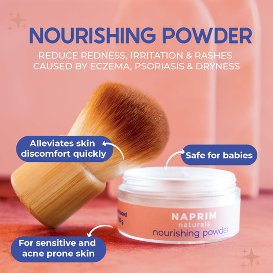Naprim Naturals Nourishing Powder texture close-up shows fine powder for quick absorption.