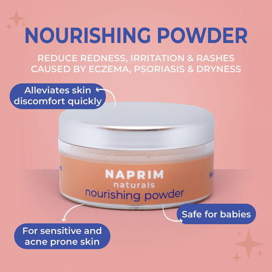 Naprim Naturals Nourishing Skin Powder dusting on skin for light, non-sticky coverage.