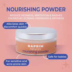 Naprim Naturals Nourishing Skin Powder dusting on skin for light, non-sticky coverage.