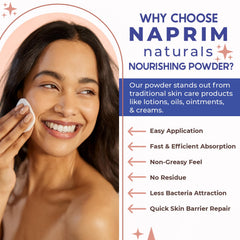 Naprim Naturals Nourishing Skin Powder jar close-up highlighting travel-friendly format.