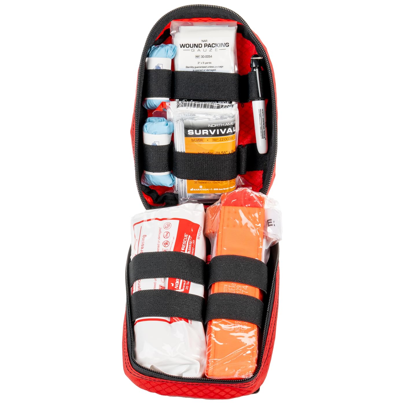 North American Rescue compact blood-control bag ready for quick access during emergencies.